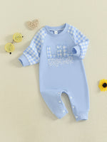 Mono de otoño para bebé niño pequeño Lil Brother con estampado de cuadros y letras bordadas, manga larga, cuello redondo y largo completo