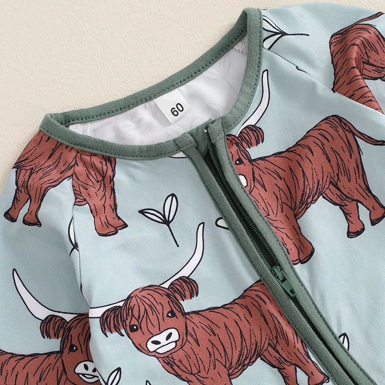 Mono de otoño con cremallera y manga larga con estampado de vaca de las Tierras Altas para bebés