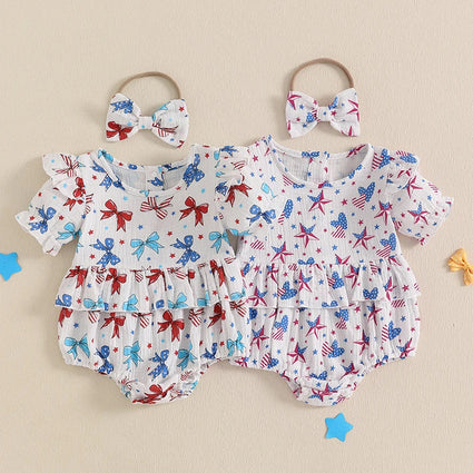 Conjunto de 2 piezas para niña bebé para el 4 de julio, con estampado de corazones y estrellas, cuello redondo con volantes, manga corta y diadema con lazo