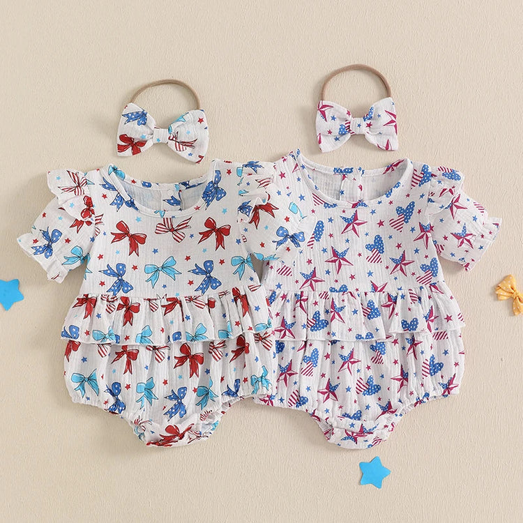 Conjunto de 2 piezas para niña bebé para el 4 de julio, con estampado de corazones y estrellas, cuello redondo con volantes, manga corta y diadema con lazo