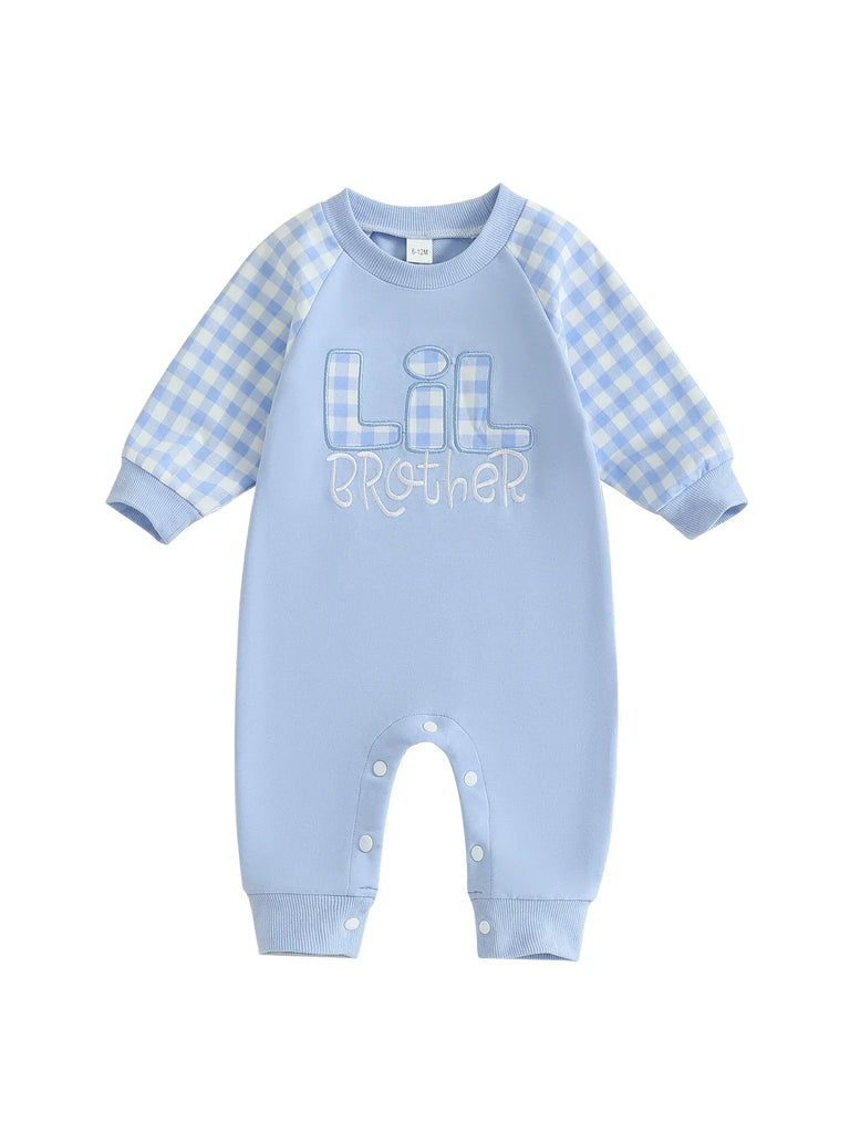 Mono de otoño para bebé niño pequeño Lil Brother con estampado de cuadros y letras bordadas, manga larga, cuello redondo y largo completo