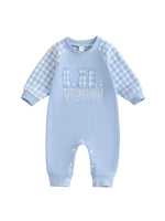 Mono de otoño para bebé niño pequeño Lil Brother con estampado de cuadros y letras bordadas, manga larga, cuello redondo y largo completo