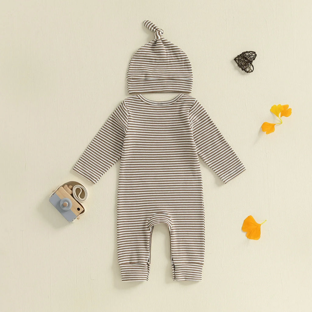 Mono de rayas de otoño para bebé niño, 2 piezas, manga larga, cuello redondo, letras, bordado, conjunto de gorro