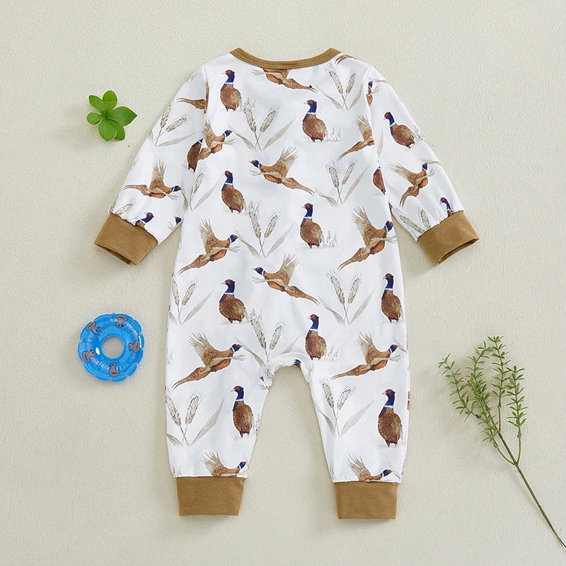 Mono de manga larga con cuello redondo y cremallera con estampado de orejas de trigo y pájaro suave para bebés y niñas