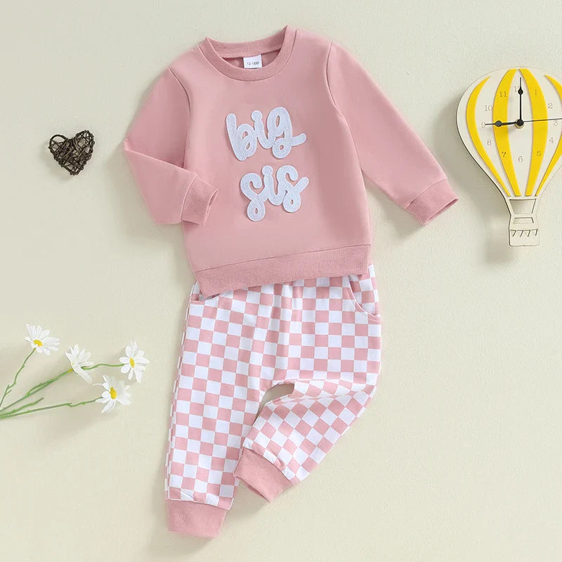 Conjunto de 2 piezas para bebé y niño pequeño, para hermano o hermana mayor, de otoño, con jersey de manga larga con bordado de letras y pantalones a cuadros