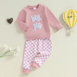 Conjunto de 2 piezas para bebé y niño pequeño, para hermano o hermana mayor, de otoño, con jersey de manga larga con bordado de letras y pantalones a cuadros
