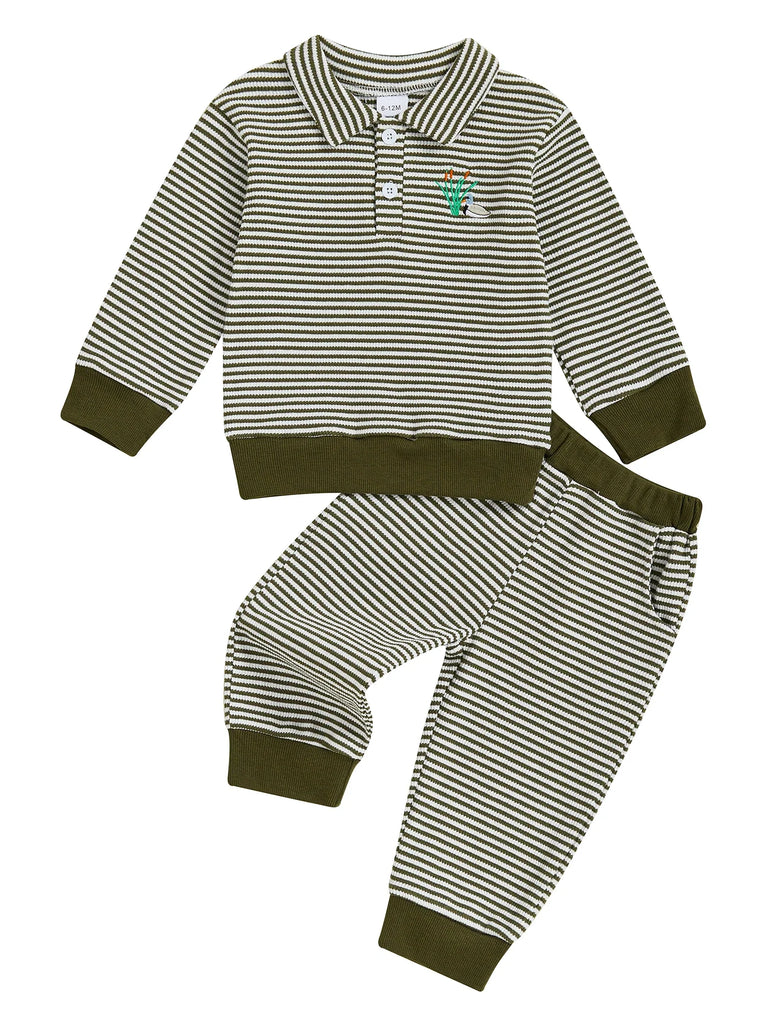 Conjunto de ropa infantil de 2 piezas con top de pato bordado de manga larga y pantalones a rayas para bebés y niños pequeños