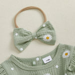 Mono de otoño para niña con estampado de margaritas, manga larga, cuello redondo, lazo y diadema