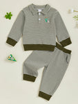 Conjunto de ropa infantil de 2 piezas con top de pato bordado de manga larga y pantalones a rayas para bebés y niños pequeños
