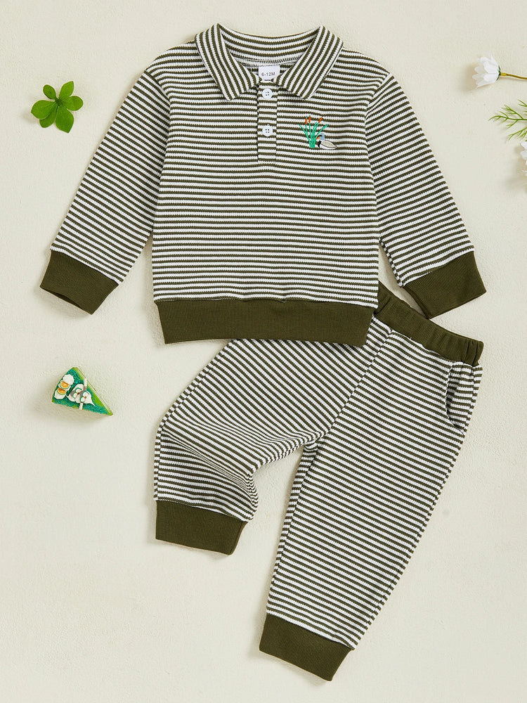 Conjunto de ropa infantil de 2 piezas con top de pato bordado de manga larga y pantalones a rayas para bebés y niños pequeños