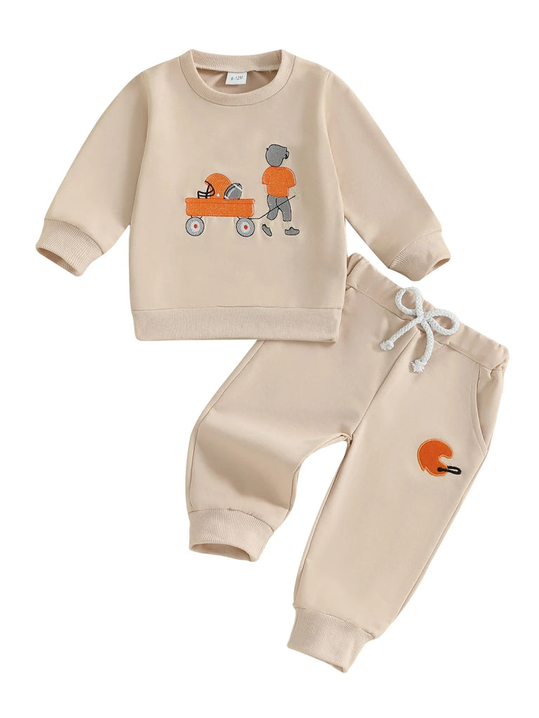 Conjunto de 2 piezas de pantalones deportivos con cordón y parte superior bordada de fútbol de manga larga para bebés y niños pequeños de otoño