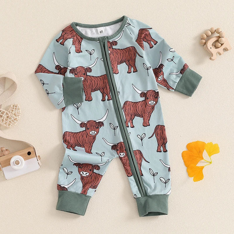 Mono de otoño con cremallera y manga larga con estampado de vaca de las Tierras Altas para bebés