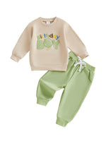Conjunto de 2 piezas para bebé niño pequeño, traje de cumpleaños para niño, jersey de manga larga con bordado de globo y letras, cuello redondo, pantalones de chándal lisos con cintura elástica