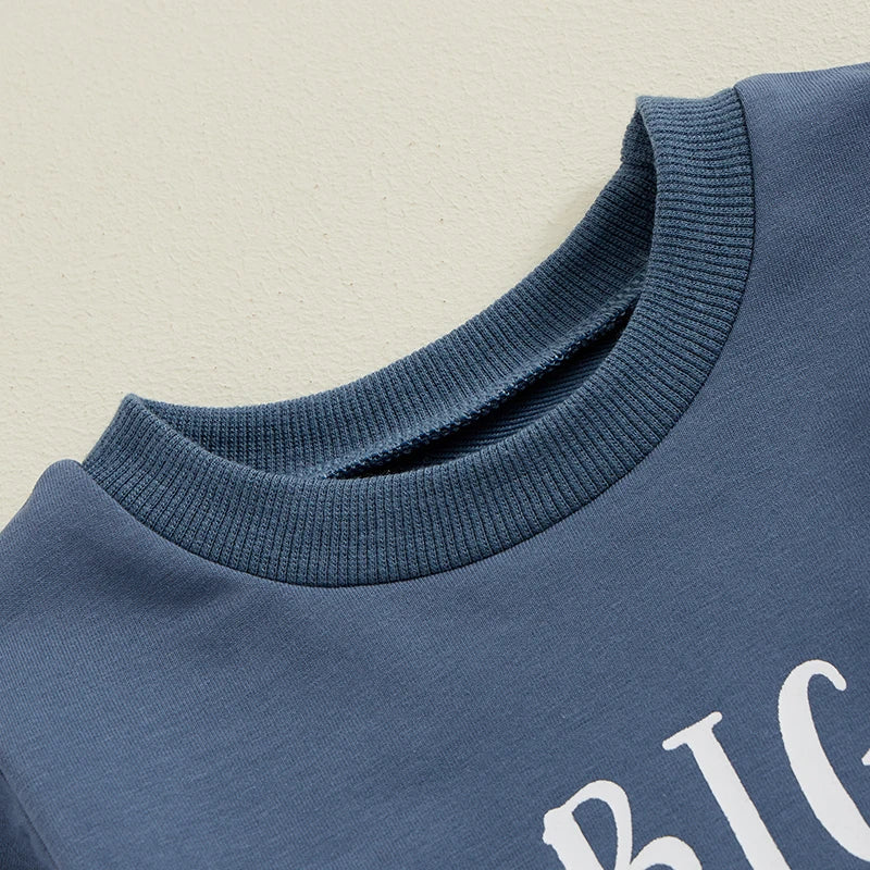 Conjunto de 2 piezas para niños y niñas, camiseta de manga larga con estampado de letras y pantalones a cuadros con cintura elástica y estampado de hermano mayor/hermana