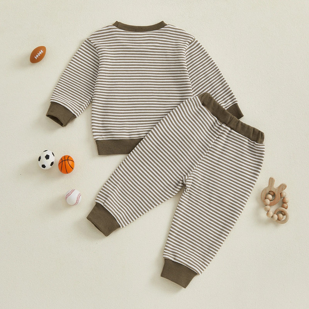 Conjunto de ropa para bebé niño pequeño, 2 piezas, otoño, con bordado de rugby, camiseta de manga larga a rayas y pantalones elásticos