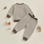 Conjunto de ropa para bebé niño pequeño, 2 piezas, otoño, con bordado de rugby, camiseta de manga larga a rayas y pantalones elásticos