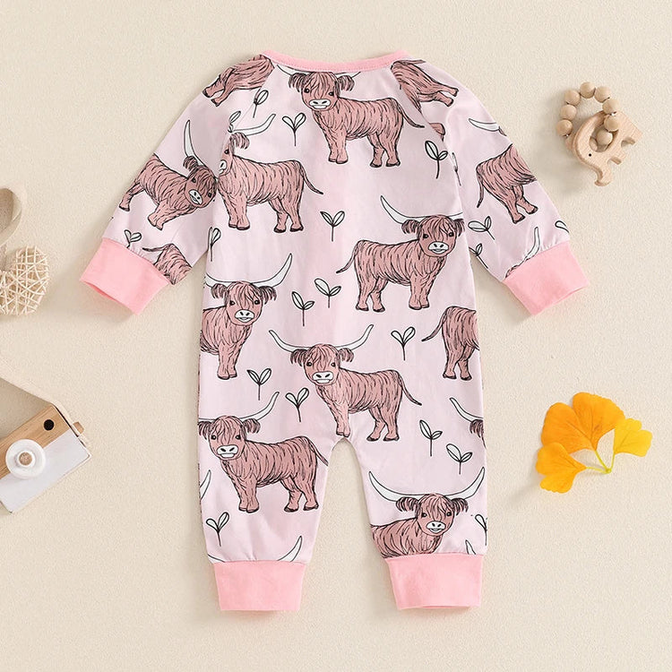 Mono de otoño con cremallera y manga larga con estampado de vaca de las Tierras Altas para bebés