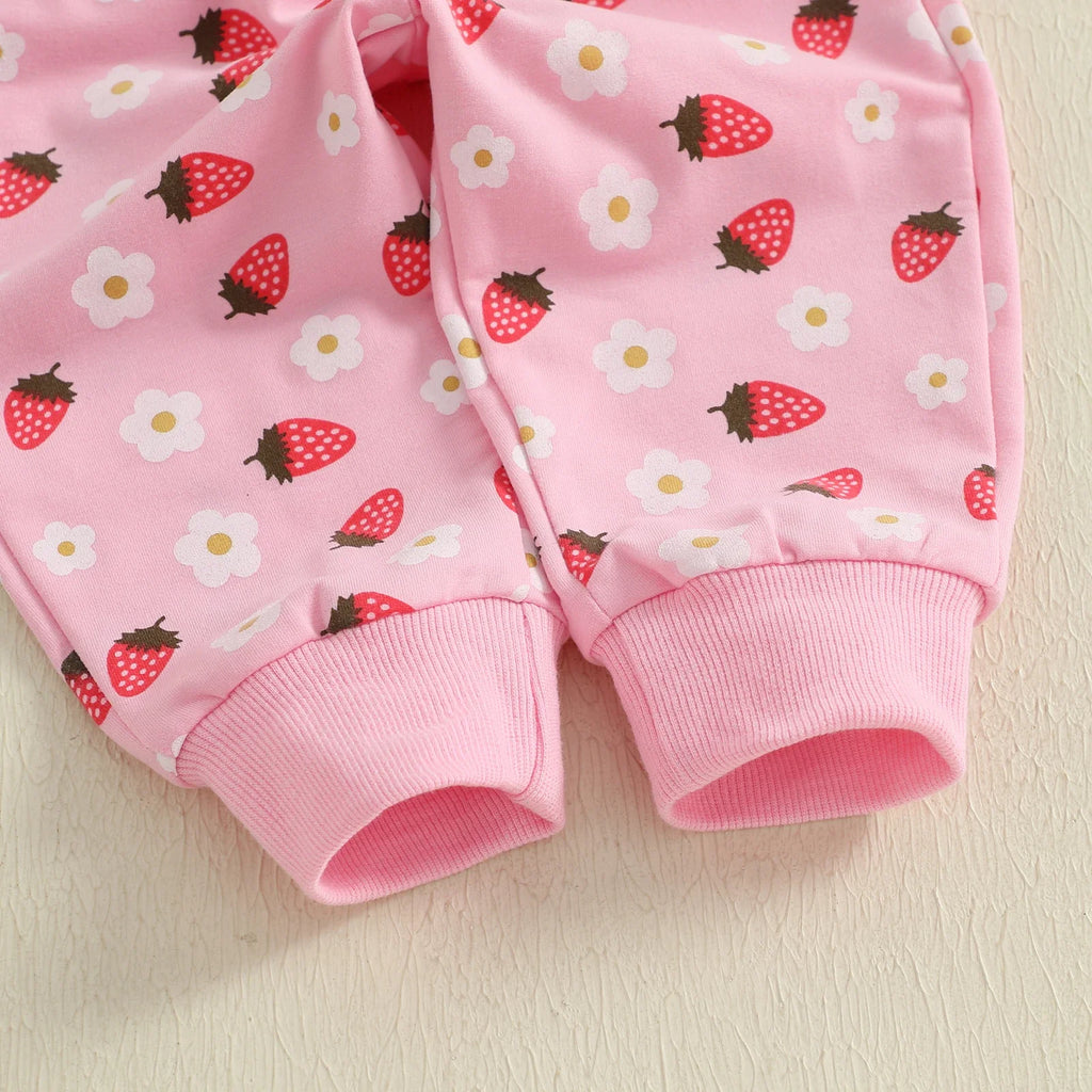 Conjunto de 2 piezas de otoño para bebé niña, camiseta de manga larga con cuello redondo y pantalones deportivos con estampado de flores de fresa