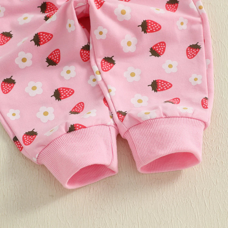Conjunto de 2 piezas de otoño para bebé niña, camiseta de manga larga con cuello redondo y pantalones deportivos con estampado de flores de fresa