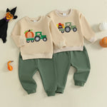 Conjunto de otoño para bebé niño, sudadera de manga larga con bordado de calabaza, pavo y tractor y pantalones elásticos