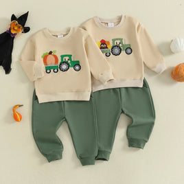 Conjunto de otoño para bebé niño, sudadera de manga larga con bordado de calabaza, pavo y tractor y pantalones elásticos