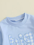 Conjunto de 2 piezas para bebé niño pequeño, otoño, con letras bordadas, camiseta de manga larga y pantalones elásticos a cuadros
