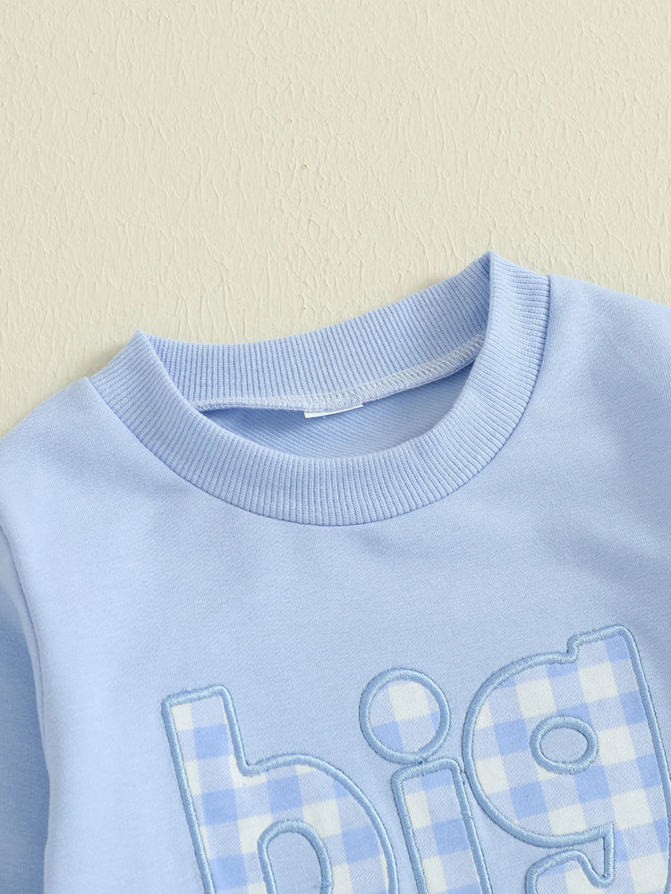 Conjunto de 2 piezas para bebé niño pequeño, otoño, con letras bordadas, camiseta de manga larga y pantalones elásticos a cuadros