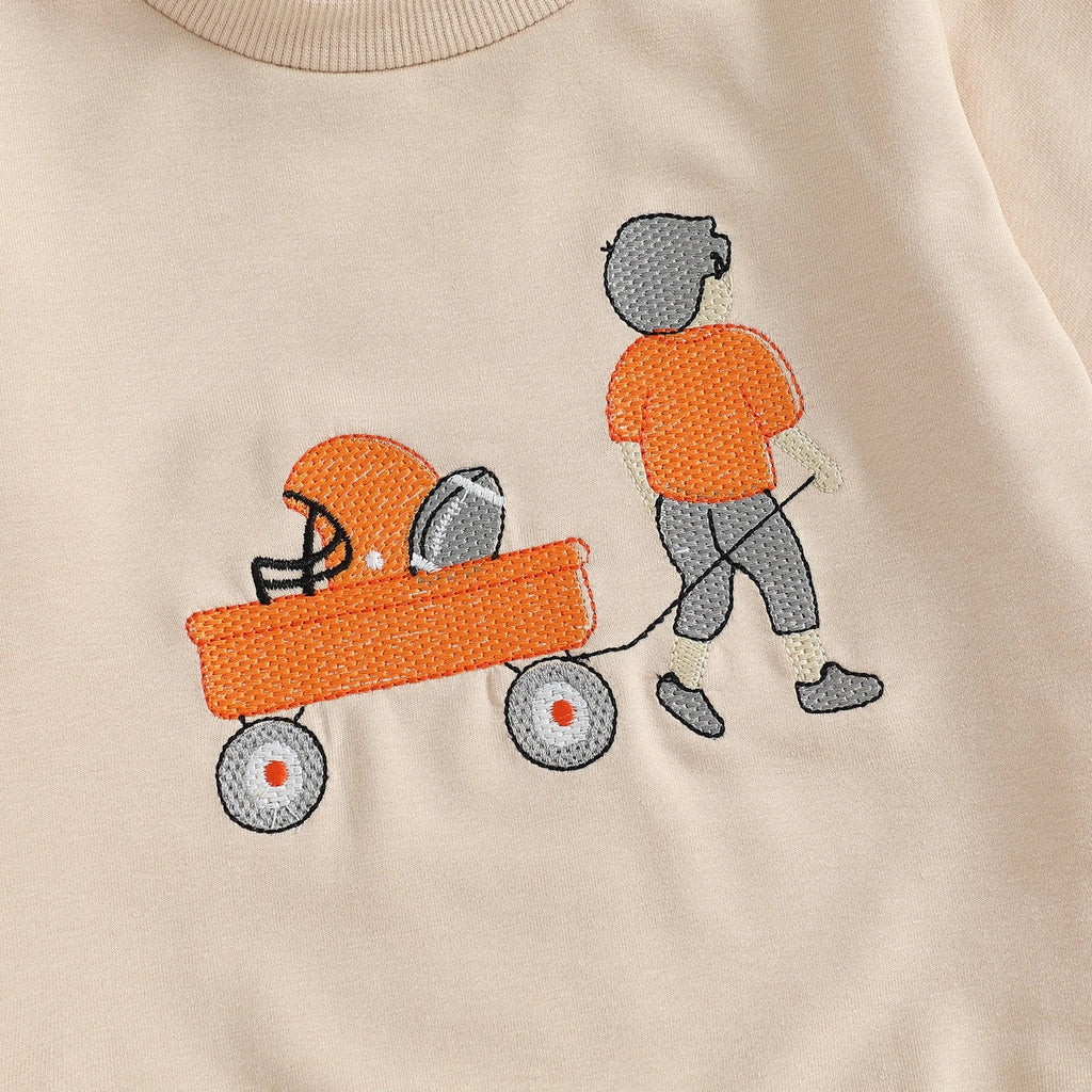 Conjunto de 2 piezas de pantalones deportivos con cordón y parte superior bordada de fútbol de manga larga para bebés y niños pequeños de otoño