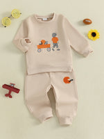 Conjunto de 2 piezas de pantalones deportivos con cordón y parte superior bordada de fútbol de manga larga para bebés y niños pequeños de otoño