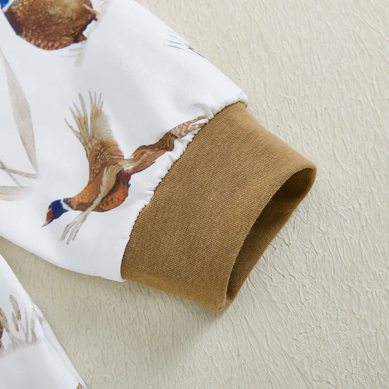 Mono de manga larga con cuello redondo y cremallera con estampado de orejas de trigo y pájaro suave para bebés y niñas