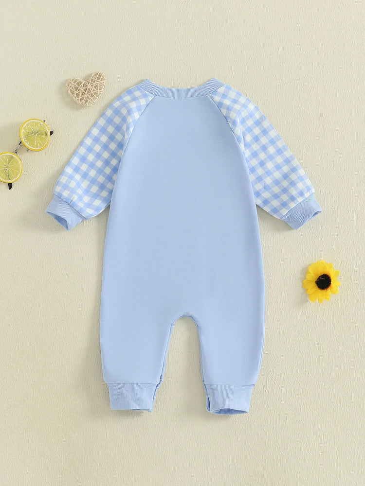 Mono de otoño para bebé niño pequeño Lil Brother con estampado de cuadros y letras bordadas, manga larga, cuello redondo y largo completo