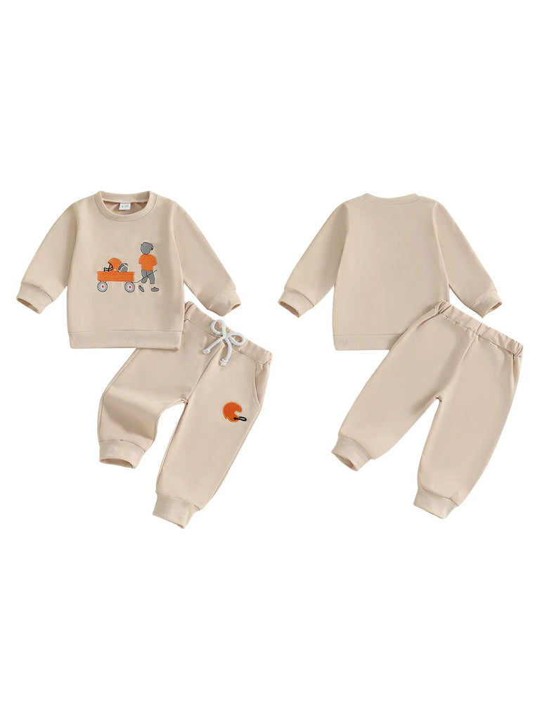 Conjunto de 2 piezas de pantalones deportivos con cordón y parte superior bordada de fútbol de manga larga para bebés y niños pequeños de otoño