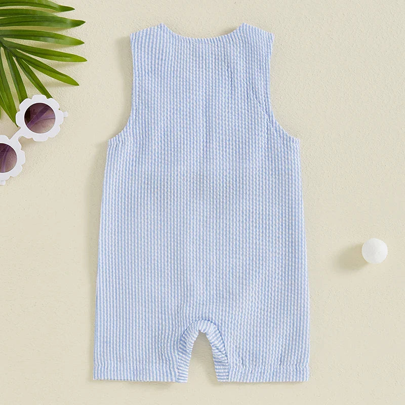 Mono de verano para bebé niño, sin mangas, cuello redondo, a rayas, bordado, carrito de golf