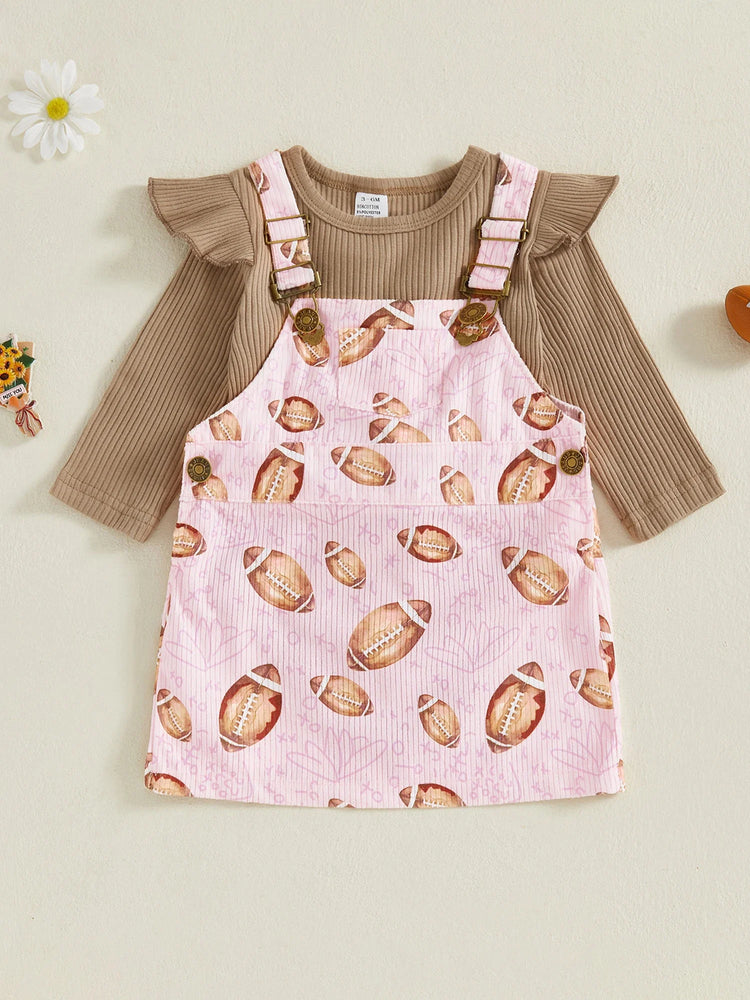 Conjunto de 2 piezas de ropa de otoño para bebés y niñas pequeñas, mono de manga larga y vestido con estampado de fútbol
