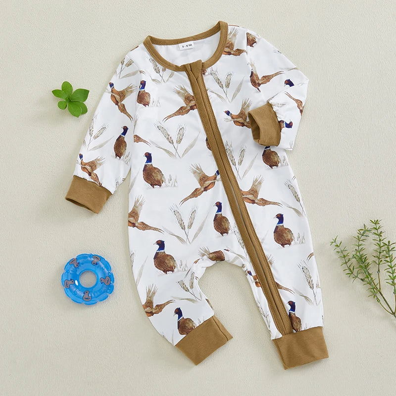 Mono de manga larga con cuello redondo y cremallera con estampado de orejas de trigo y pájaro suave para bebés y niñas