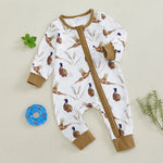 Mono de manga larga con cuello redondo y cremallera con estampado de orejas de trigo y pájaro suave para bebés y niñas