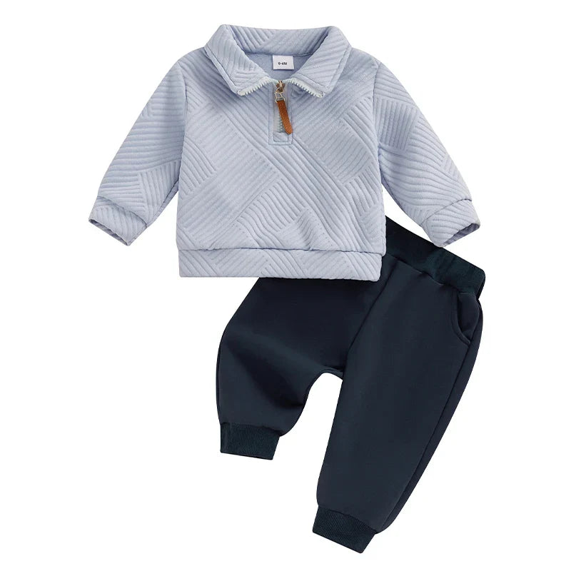 Conjunto de 2 piezas de otoño para bebés y niños pequeños, jersey de manga larga con solapa y media cremallera, conjunto de pantalones de color liso