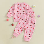 Conjunto de 2 piezas de otoño para bebé niña, camiseta de manga larga con cuello redondo y pantalones deportivos con estampado de flores de fresa