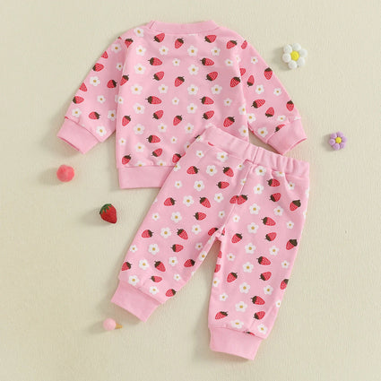 Conjunto de 2 piezas de otoño para bebé niña, camiseta de manga larga con cuello redondo y pantalones deportivos con estampado de flores de fresa