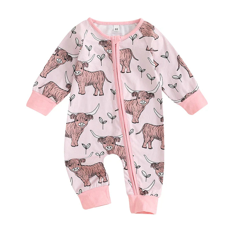 Mono de otoño con cremallera y manga larga con estampado de vaca de las Tierras Altas para bebés