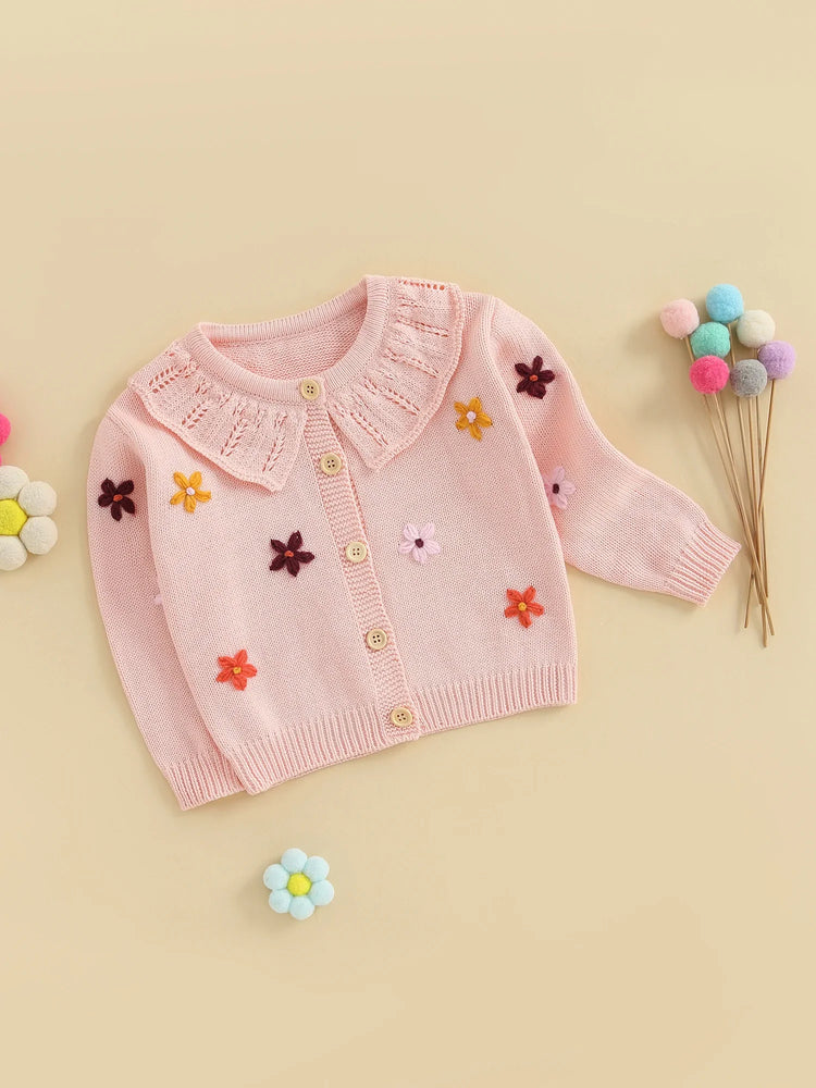 Suéter tipo cárdigan para bebé niña, diseño de flores en 3D, botones, manga larga, tejido