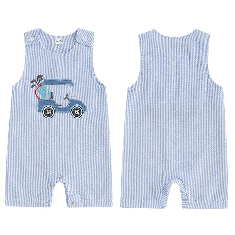 Mono de verano para bebé niño, sin mangas, cuello redondo, a rayas, bordado, carrito de golf