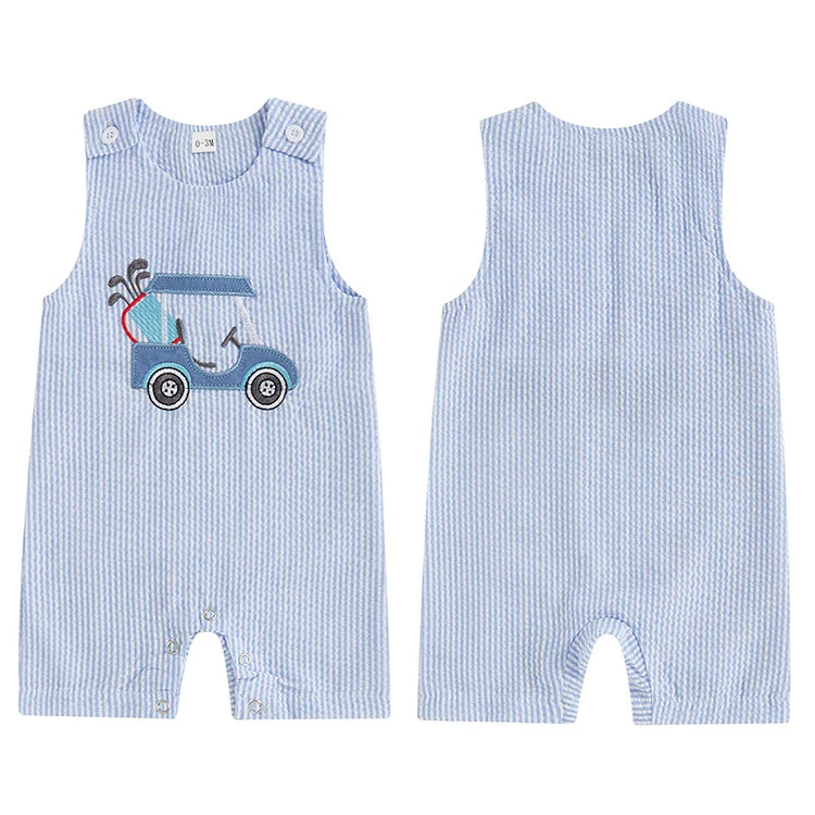 Mono de verano para bebé niño, sin mangas, cuello redondo, a rayas, bordado, carrito de golf