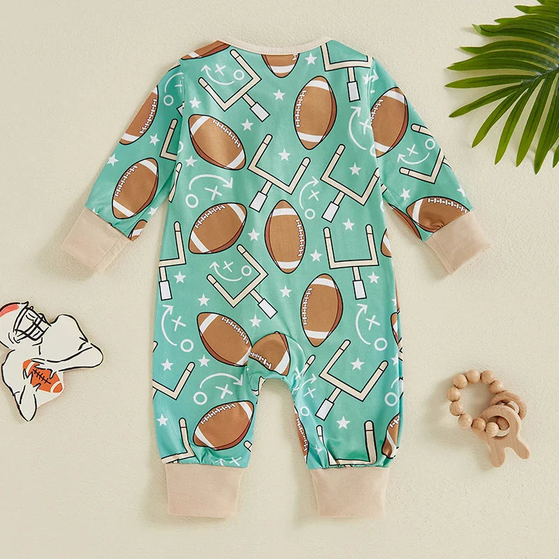 Mono de manga larga para bebé niño con estampado de fútbol y cremallera frontal para otoño
