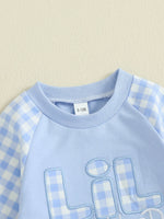 Mono de otoño para bebé niño pequeño Lil Brother con estampado de cuadros y letras bordadas, manga larga, cuello redondo y largo completo