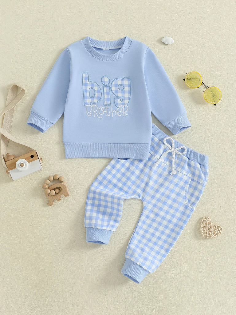 Conjunto de 2 piezas para bebé niño pequeño, otoño, con letras bordadas, camiseta de manga larga y pantalones elásticos a cuadros