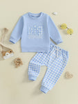 Conjunto de 2 piezas para bebé niño pequeño, otoño, con letras bordadas, camiseta de manga larga y pantalones elásticos a cuadros