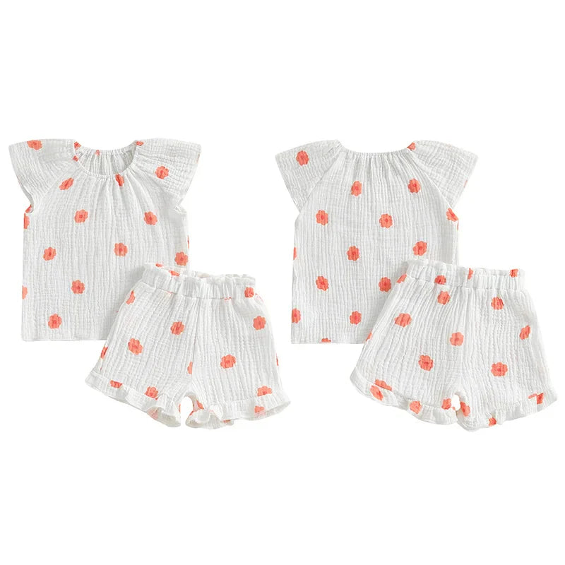 Conjunto de 2 piezas de camiseta con mangas cortas y cintura elástica con volantes para bebé y niña pequeña, conjunto de verano