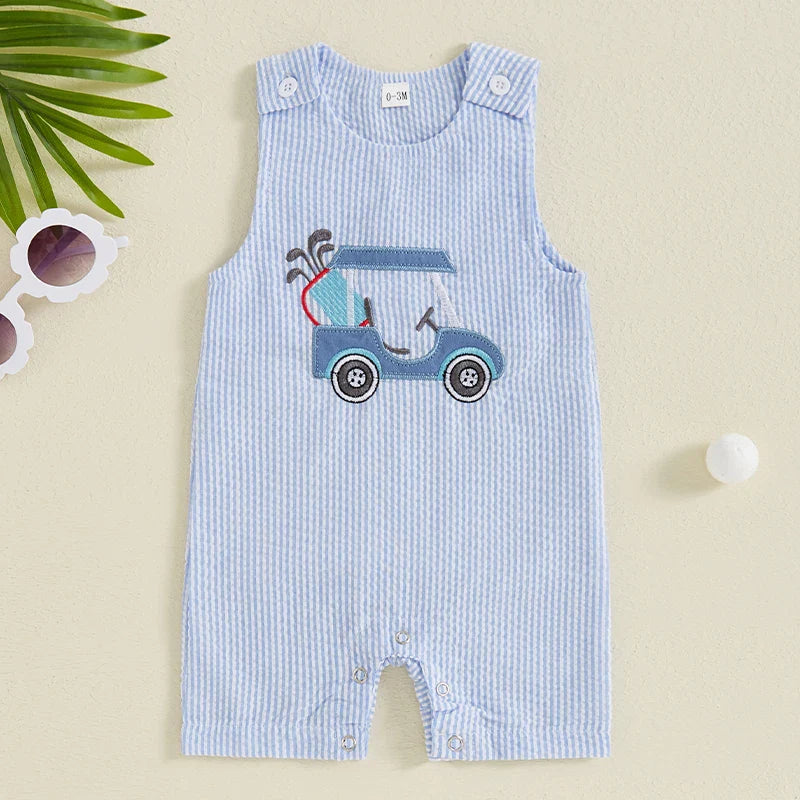 Mono de verano para bebé niño, sin mangas, cuello redondo, a rayas, bordado, carrito de golf