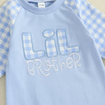Mono de otoño para bebé niño pequeño Lil Brother con estampado de cuadros y letras bordadas, manga larga, cuello redondo y largo completo